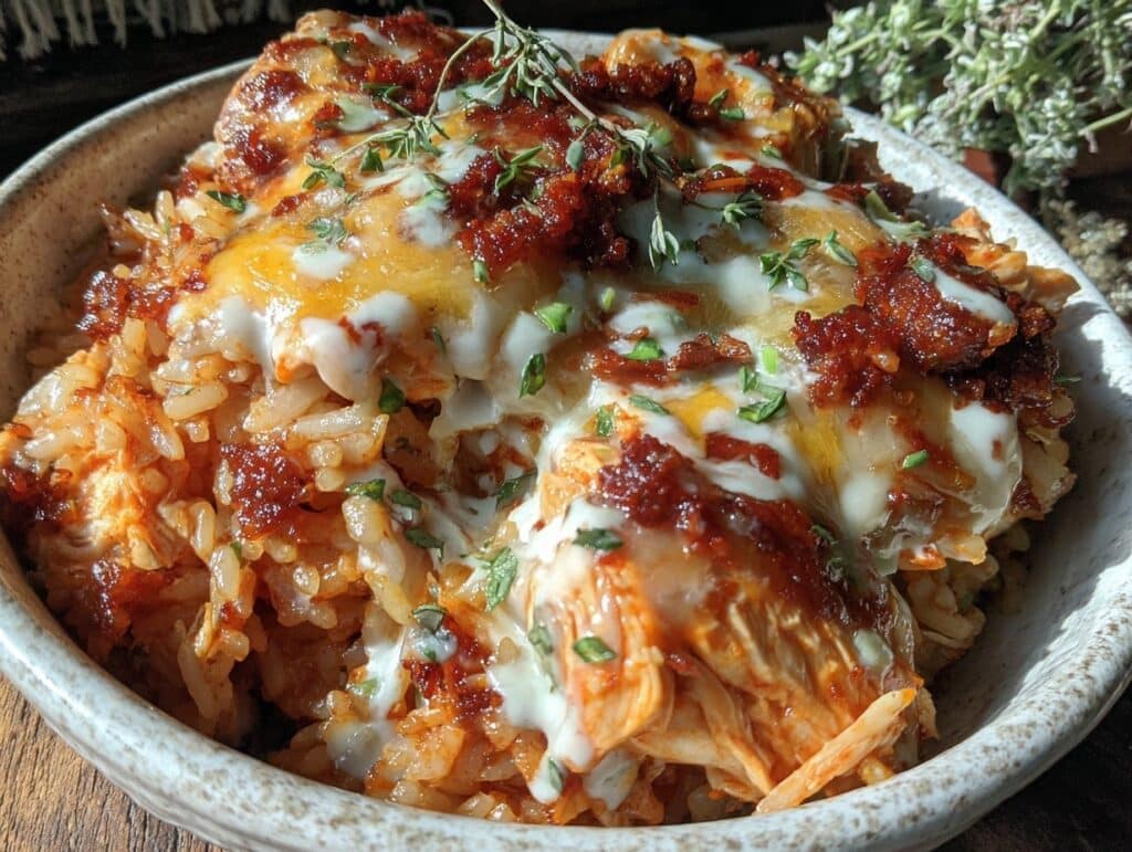 cheesy honey buffalo chicken chorizo rice - featured image