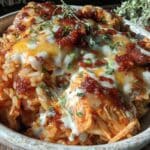cheesy honey buffalo chicken chorizo rice - featured image
