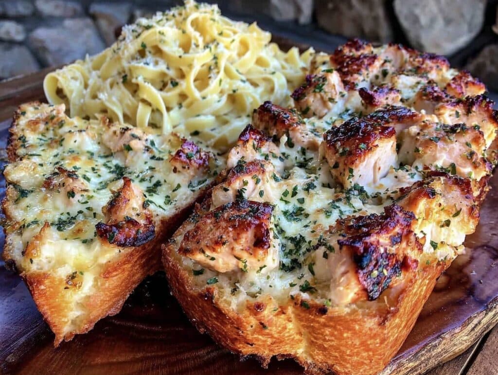 creamy chicken alfredo garlic bread - featured image