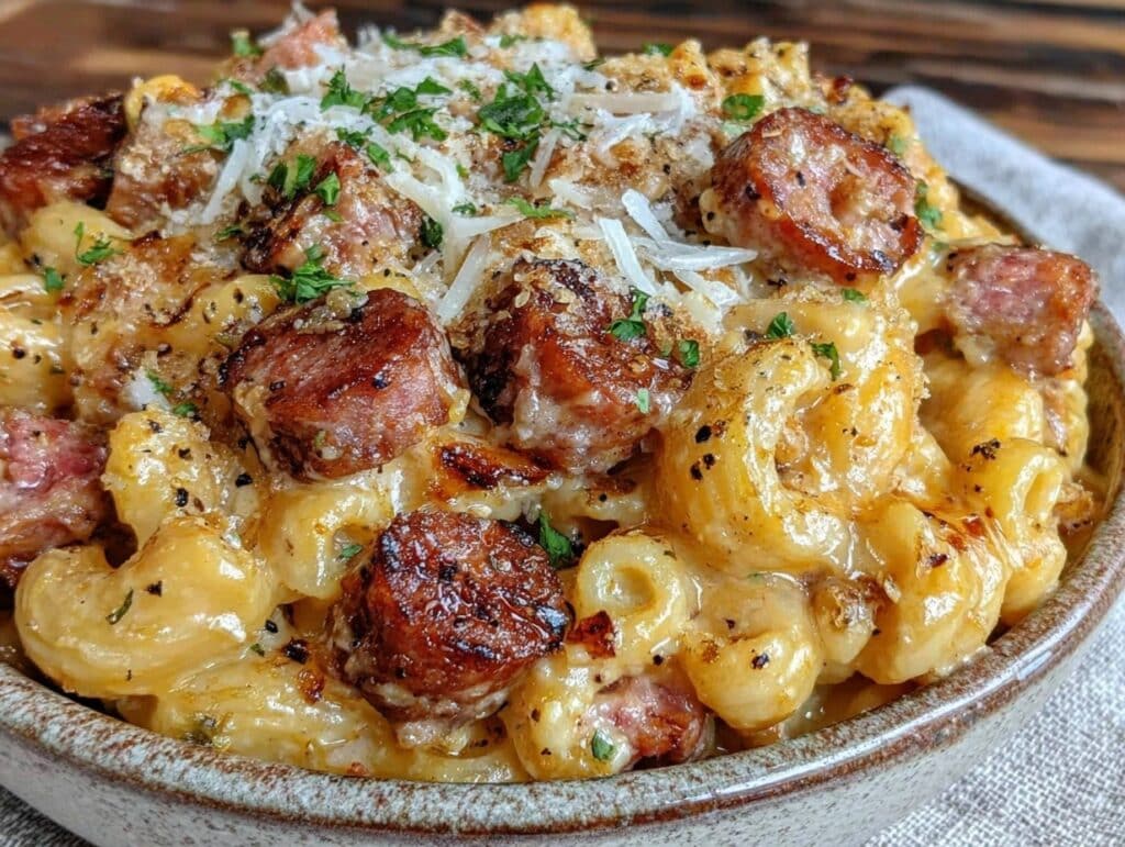 creamy smokey sausage mac & cheese soup - featured image