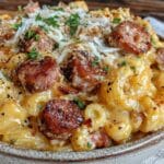 creamy smokey sausage mac & cheese soup - featured image