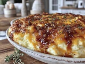 creamy cheesy onion mashed potato casserole - featured image