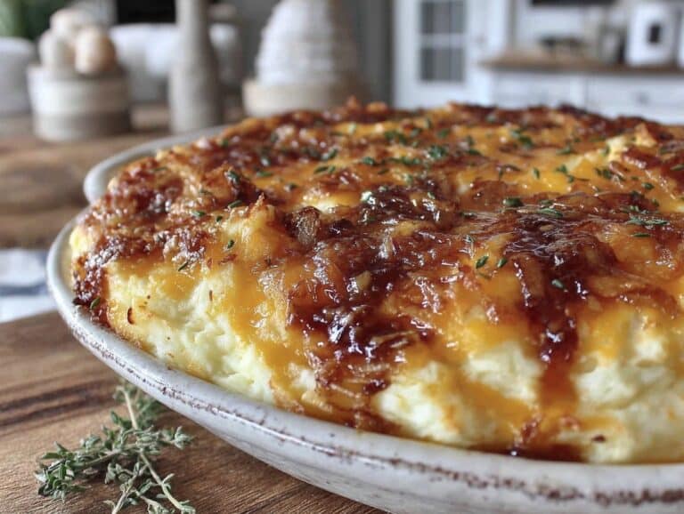 creamy cheesy onion mashed potato casserole - featured image