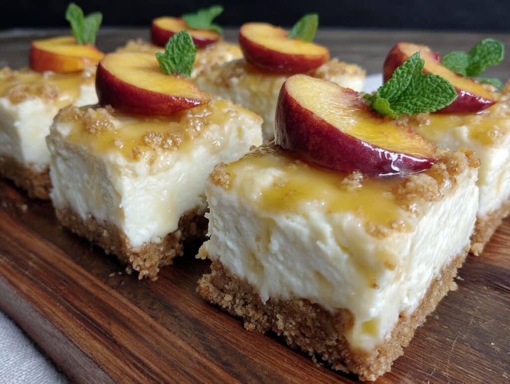 creamy peaches and cream cheesecake bars - featured image