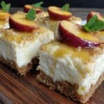 creamy peaches and cream cheesecake bars - featured image