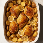 crispy baked honey lemon chicken and potatoes - featured image