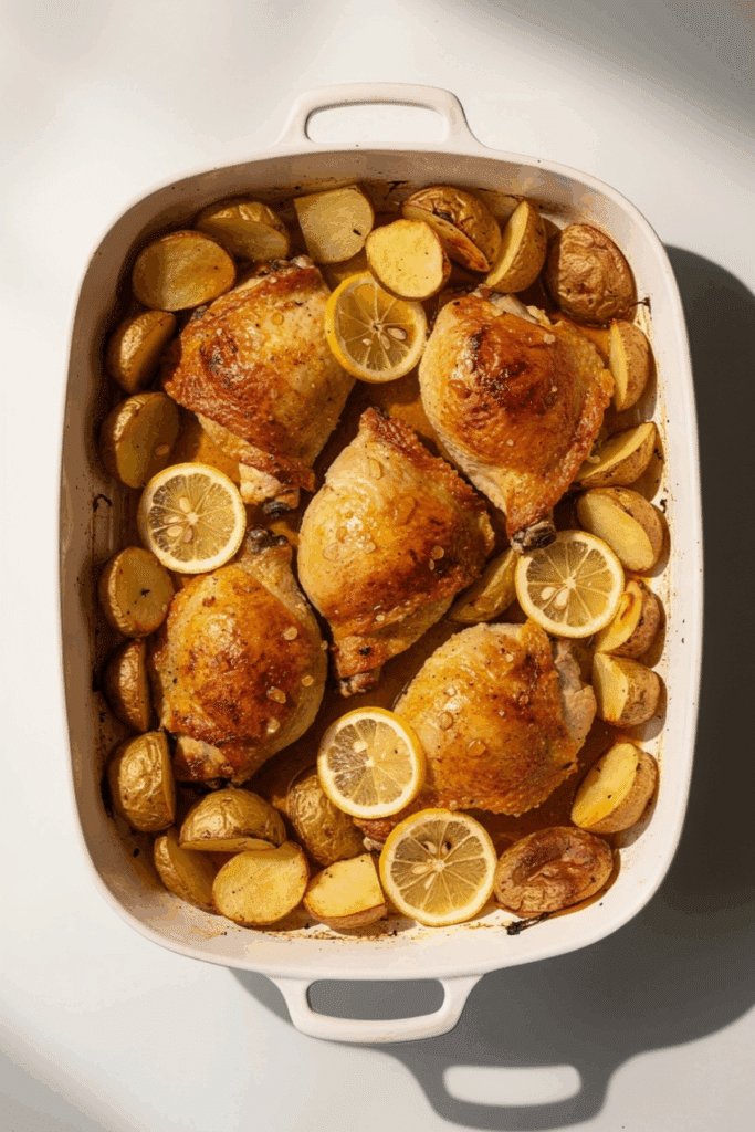 crispy baked honey lemon chicken and potatoes - featured image